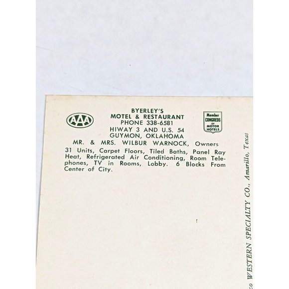 Vintage Postcard Guymon Oklahoma Byerleys Motel‎  Restaurant 1950s Neon Sign USA - Picture 8 of 8